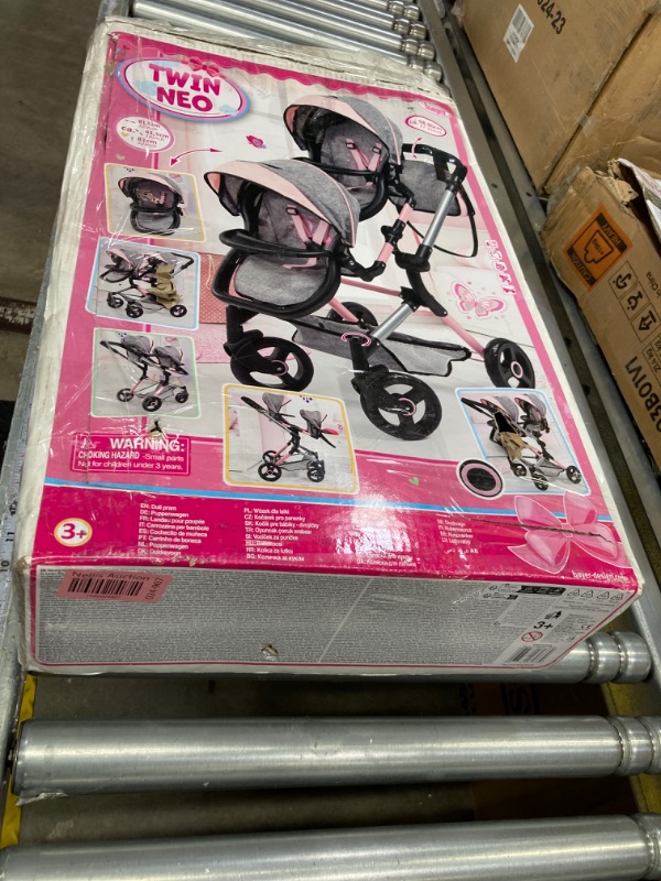 Photo 3 of Bayer Twin Doll Pram Neo, Grey, Pink with Butterfly, Jean Look