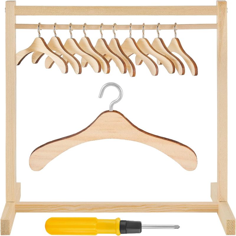 Photo 1 of 11 Pcs Doll Garment Rack with Wooden Dolls Clothes Hanger 11.8 Inches Doll Closet Mini Doll Clothes Hangers Doll Wardrobe Furniture Accessories for Dollhouse Supplies