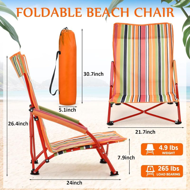 Photo 1 of 2 Pcs Low Seat Beach Chairs Folding Portable Beach Chair Backpack Camping Chair High Back Reclining Beach Chair with Carry Bag Lightweight for Outdoor, Beach, Camping, Lawn (Red)