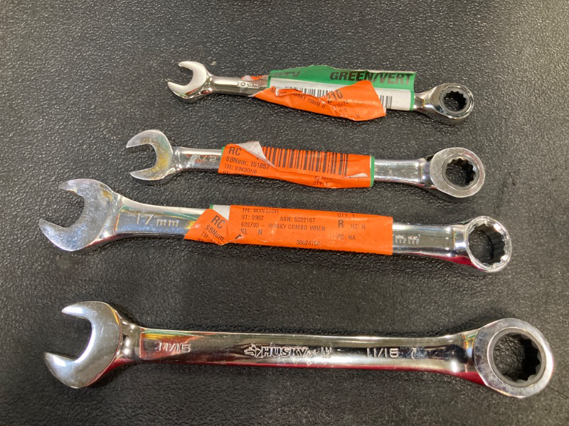 Photo 1 of 4 Pk. Bundle:
Husky
17 mm 12-Point Metric Full Polish Combination Wrench 
10 mm 12-Point Metric Full Polish Combination Wrench 
1/2mm 12-Point SAE Ratcheting Combination Wrench 
11/16mm 12-Point Metric Ratcheting Combination Wrench