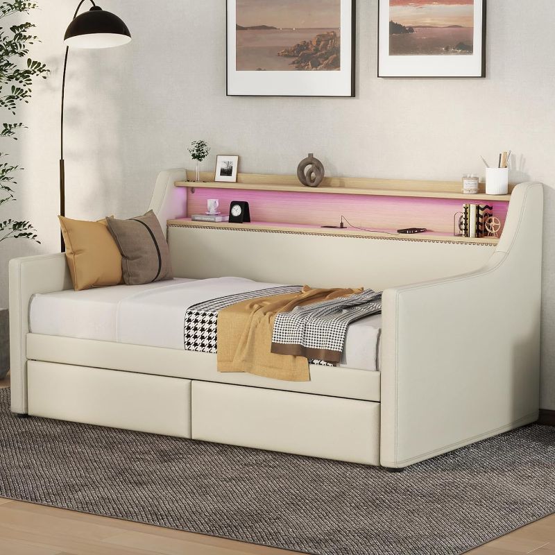 Photo 1 of  **Photo only for reference** Upholstered Daybed Twin Size with Storage Drawers,Wooden Daybed with Charging Station and LED Lights, PU Leather Daybed Sofa Bed with Slat Support for Bedroom,Living Room, Beige
