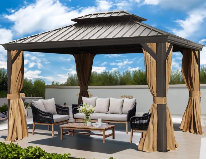 Photo 1 of  Hardtop Gazebo, Aluminum Metal Gazebo with Galvanized Steel Double Roof Canopy Backyard, Deck, Lawn (black)
