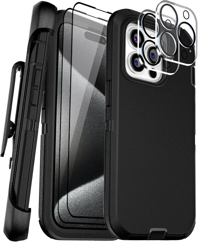 Photo 1 of for iPhone 15 Pro Case 6.1" with Belt Clip Holster Kickstand, 2 Screen Protector & 2 Camera Lens Protector, Heavy Duty Full Body Protection Phone Case Cover(Belt Clip,Black)