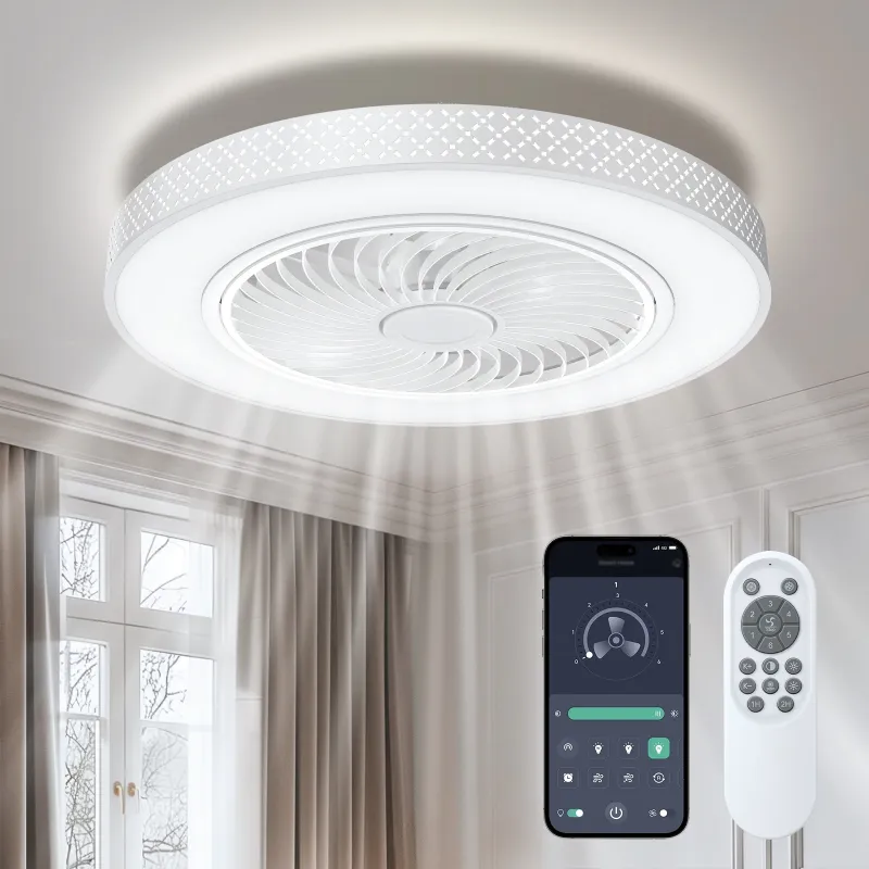 Photo 1 of 22 in Round Ceiling Fans with Lights, Dimmable Color Temperature and 6 Speeds, Remote & APP Control, Flush Mount Bladeless Reversible Motor, White