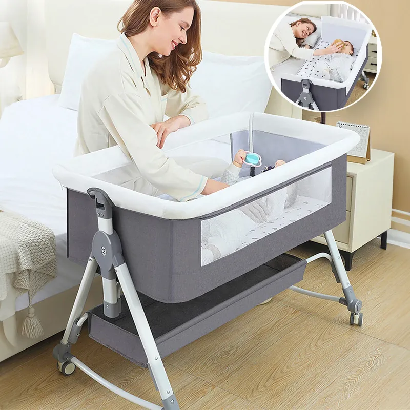 Photo 1 of  Folding Baby Bassinet Infant Bedside Crib with Wheels and Changing Table, Morandi Ash