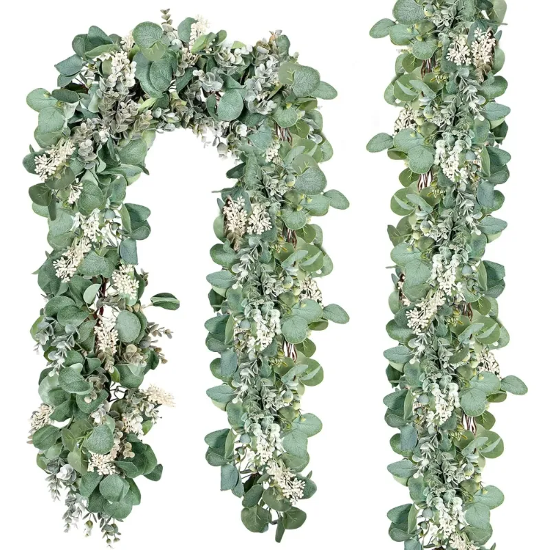 Photo 1 of 2 Pack Eucalyptus Garland Total 13.1 Ft Lush Silver Dollar Eucalyptus Leaves with White Buds Boxwood Artificial Greenery Garland Vines for Baby Shower Wedding Party