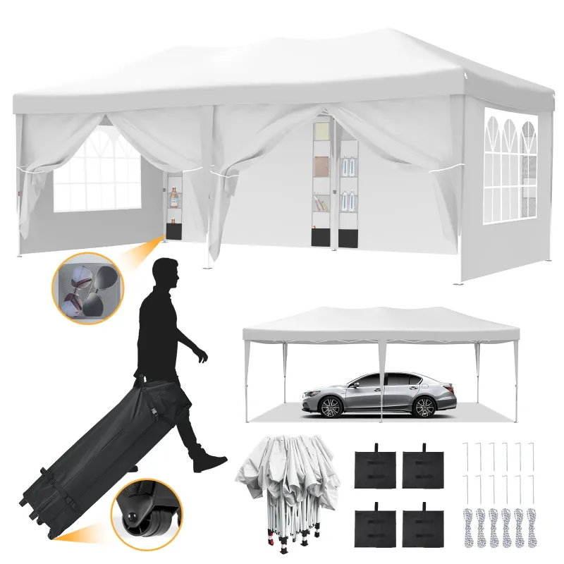 Photo 1 of 10 x 20ft Pop up Canopy Tent with 6 Sidewalls, Wheeled Bag, Shelter for Outdoor Shade,White