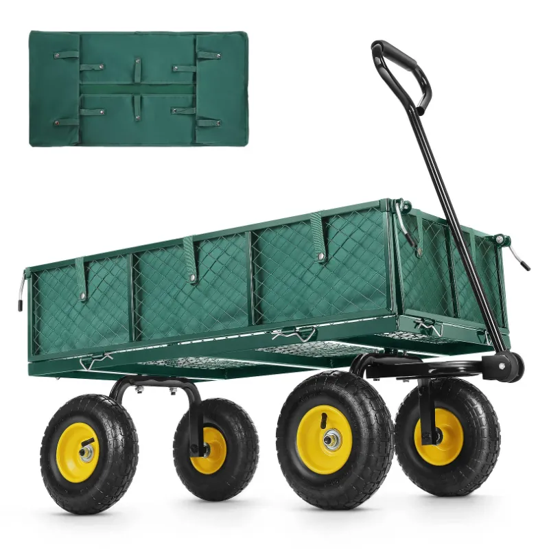 Photo 1 of  Steel Garden Cart with Wagon Liner, 660 LBS Capacity, with Removable Mesh Sides to Convert into Flatbed, 180° Rotating Handle and 10" Tires, Perfect for Garden, Farm, Yard - Green