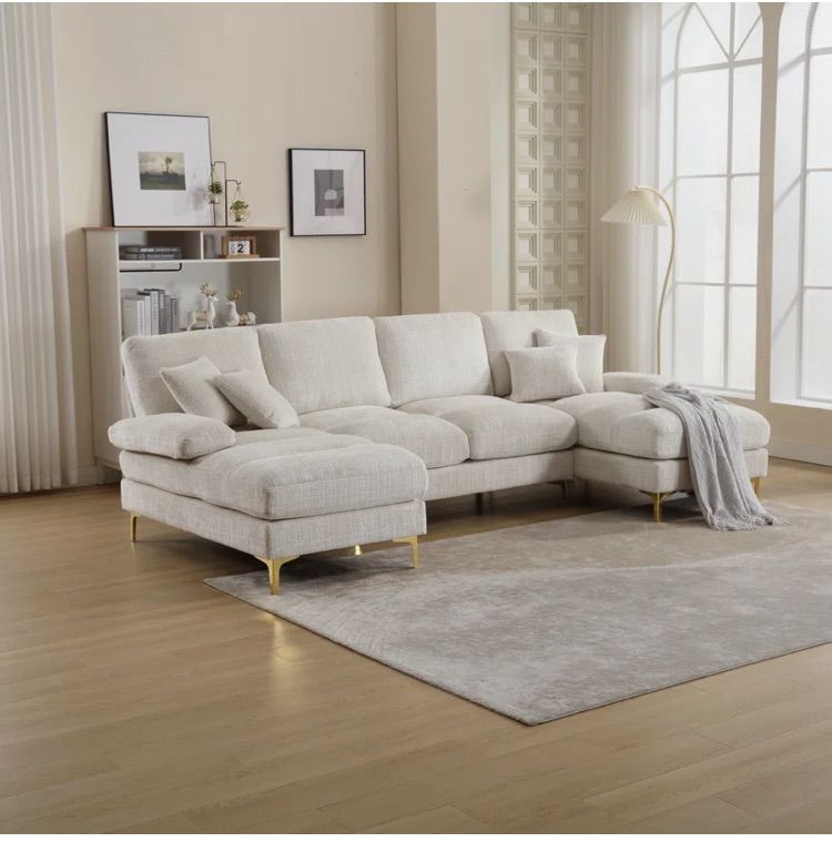 Photo 1 of ** Box 2 out of 3  *** 110" U-Shape Sectional Sofa With Chaise, Soft Chenille Fabric, And Metal Legs -tan