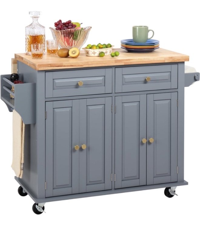 Photo 1 of Finnhomy Rolling Kitchen Island With Drop Leaf, Thicken Rubberwood Top, Spice Rack, Towel Rack, Drawer, 43.3" Portable Mobile Kitchen Island Carts Table, Storage Cabinet, Both Wheels and Feet Included