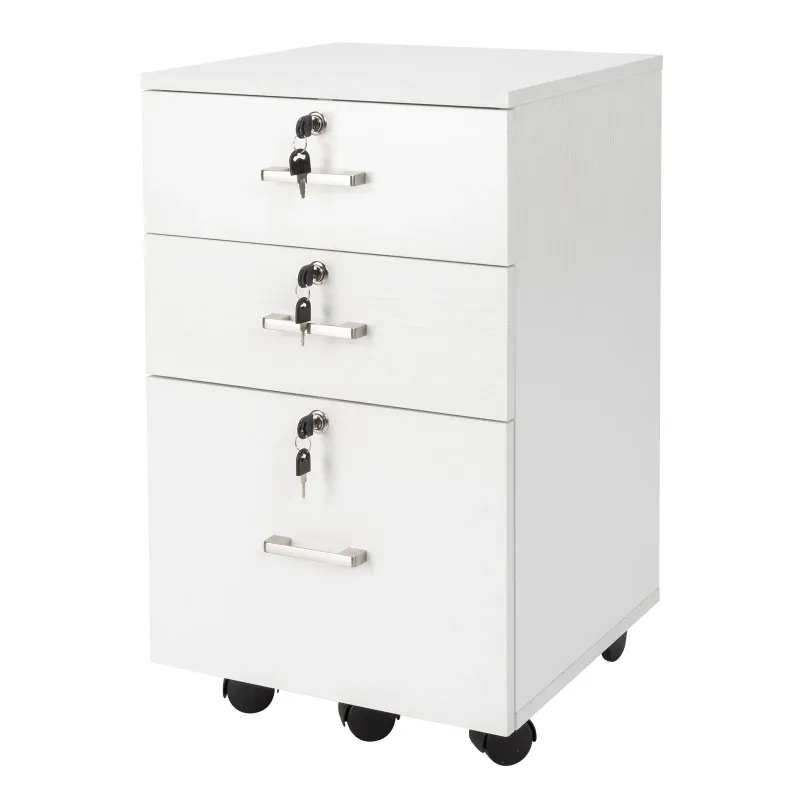 Photo 1 of 3-Drawer Rolling Wood File Cabinet with Lock, Portable Vertical Mobile Wooden Storage Filing Cabinet for Home Office,White