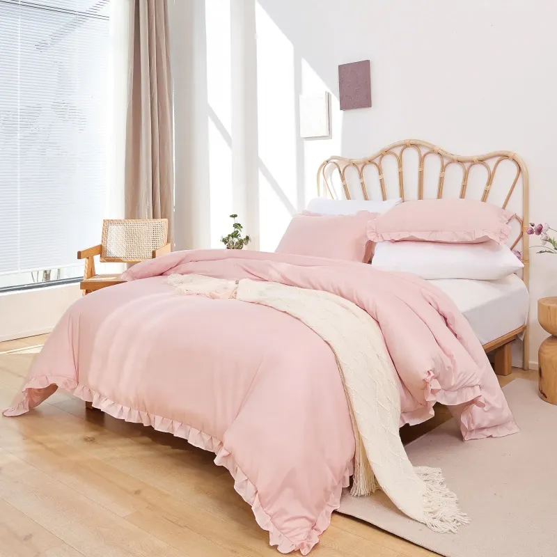 Photo 1 of  Queen Comforter Set For Adult, 3 Piece Ruffle Pink Comforter Sets All Season