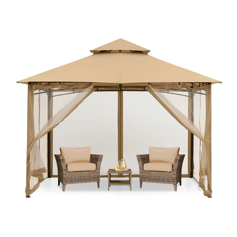 Photo 1 of  9' x 9' Outdoor Patio Gazebo Double Roof Steel Frame with Mesh Walls, Beige