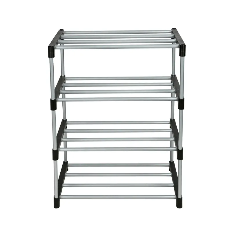 Photo 1 of  4 Tier Shoe Rack, Black and Silver, 8 Pairs of Shoes, Metal Tubes & Plastic Connectors