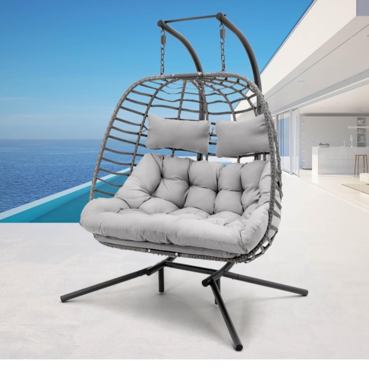 Photo 1 of 2 Person Hanging Egg Chair with Stand for Outdoor, Patio Hand Made Rattan Wicker Double Egg Swing Chairs Hammock Chair with UV Resistant Cushion 