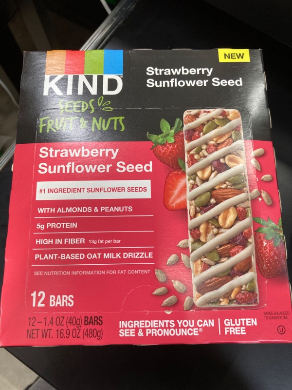 Photo 2 of (((EXP19/01/2025)))))KIND Seeds Fruit & Nuts Snack Bar, Strawberry Sunflower Seed | 5g Protein, High Fiber, Gluten Free Bars, 1.4 OZ, 12 Count