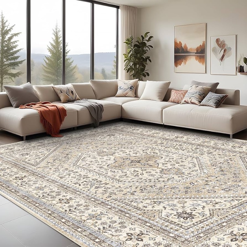 Photo 1 of 10x14 Washable Vintage Rug: Oriental Rugs for Living Room Non Slip Backing Stain Resistant Large Indoor Carpet for Bedroom Area Rug Dining Room Decor(Beige,10x14FT)