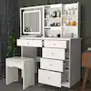 Photo 1 of 5-Drawers White Wood LED Push-Pull Mirror Makeup Vanity Sets Dressing Table Sets with Stool and 3-Tier Storage Shelves