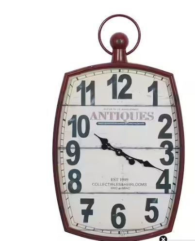 Photo 1 of 19 in. x 33 in. Red Metal Distressed Pocket Watch Inspired Wall Clock
