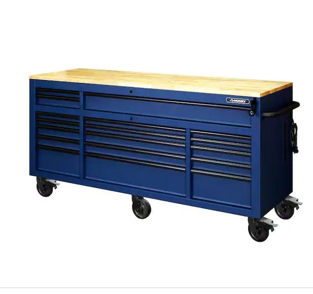 Photo 1 of Tool Storage 72 in. W Heavy Duty Matte Blue Mobile Workbench Cabinet Adjustable Height Solid Wood Top