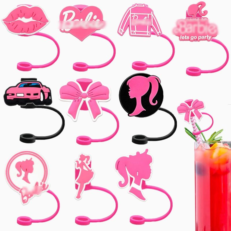 Photo 1 of 12Pcs Cute Silicone Straw Reusable Straw Tips Lids - Barbie - 3pk