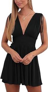 Photo 1 of SPRIME Women's Summer Dress Sleeveless Sexy Deep V Neck Rushed Swing Mini Dresses Tie Shoulder V Back Ruffle Hem Short Dress Black - Large