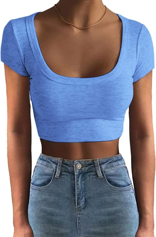 Photo 1 of ANGGREK Women 's Short Sleeve Square Neck Ribbed Knit Cropped T Shirt Slim Fit Casual Basic Y2k Tops - Small
