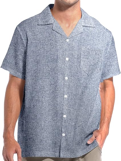 Photo 1 of Mens Linen Shirt Short Sleeve Button Down Stylish Summer Beach Hawaiian Shirt Navy Large