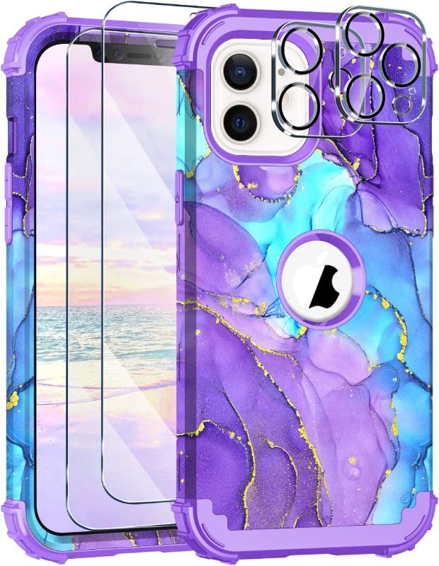 Photo 1 of Hocase for iPhone 12 Case/iPhone 12 Pro Case, with 2pcs Screen Protectors and 2pcs Camera Protectors, Shockproof Heavy Duty Soft Silicone Rubber+Hard PC Hybrid Protective Case - When Purple Meets Blue
