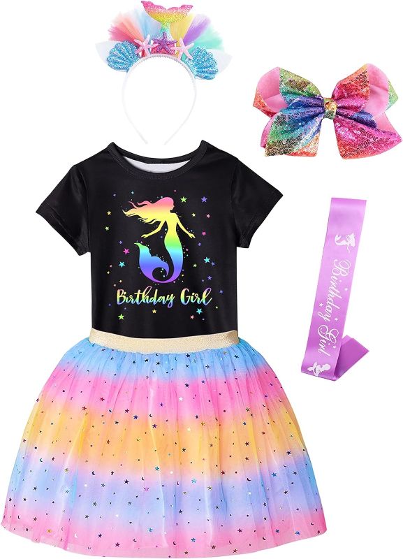 Photo 1 of Doctor Unicorn Birthday Girls Mermaid Outfit Set Costume Tutu Skirt Dress, Mermaid Birthday Shirt, Headband & Satin Sash 3-4Y