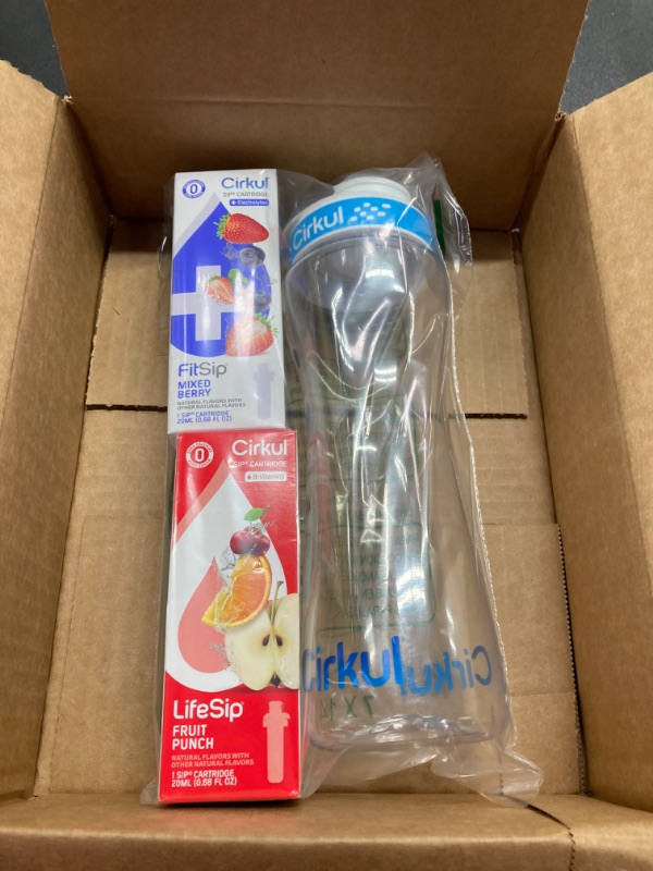 Photo 2 of Cirkul Water Bottle + 2 Flavor Cartridge Starter Kit – 22 oz. BPA-Free Plastic Reusable Bottle & Blue Lid, LifeSip Fruit Punch w/B-Vitamins, FitSip Mixed Berry w/Electrolytes (Zero Calorie/No Sugar)