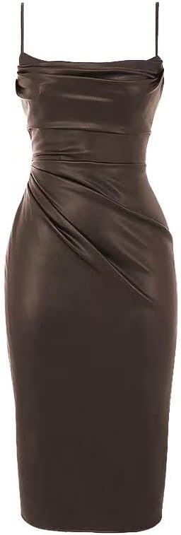 Photo 1 of **Not exact photo** Women's PU Leather Spaghetti Strap Bodycon Party Dress Cowl Neck Cocktail Party Club Dresses
