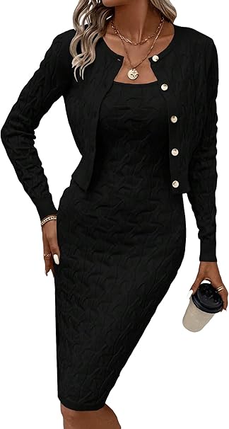 Photo 1 of **Not exact Photo** Verdusa Women's 2 Piece Outfits Cable Knit Bodycon Sweater Dress and Button Front Cardigan Set