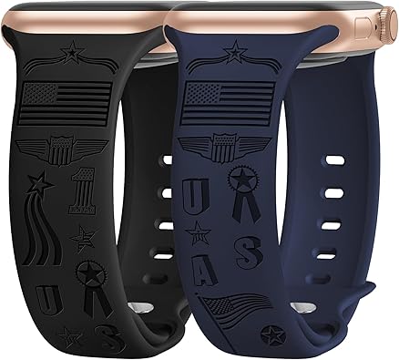 Photo 1 of 2 Packs Cute Engraved Bands Compatible with Apple Watch Bands 38mm 40mm 41mm 44mm 45mm 42mm 49mm, Women Designer Soft Silicone Replacement Strap for iWatch Series SE 9 8 7 6 5 4 3 2 1 Ultra Bear - Black & Blue 42mm/44mm/45mm/49mm