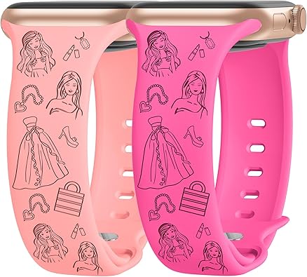 Photo 1 of 2 Packs Cute Engraved Bands Compatible with Apple Watch Bands 38mm 40mm 41mm 44mm 45mm 42mm 49mm, Women Designer Soft Silicone Replacement Strap for iWatch Series SE 9 8 7 6 5 4 3 2 1 - Rose Red & Peach Pink 42mm/44mm/45mm/49mm