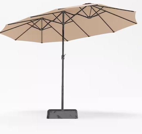 Photo 1 of 15 ft. Market Patio Umbrella 2-Side in Beige With Base and Sandbags
