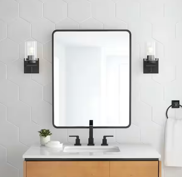 Photo 1 of 24 in. W x 30 in. H Rounded Corner Rectangular Matte Black Medicine Cabinet with Mirror