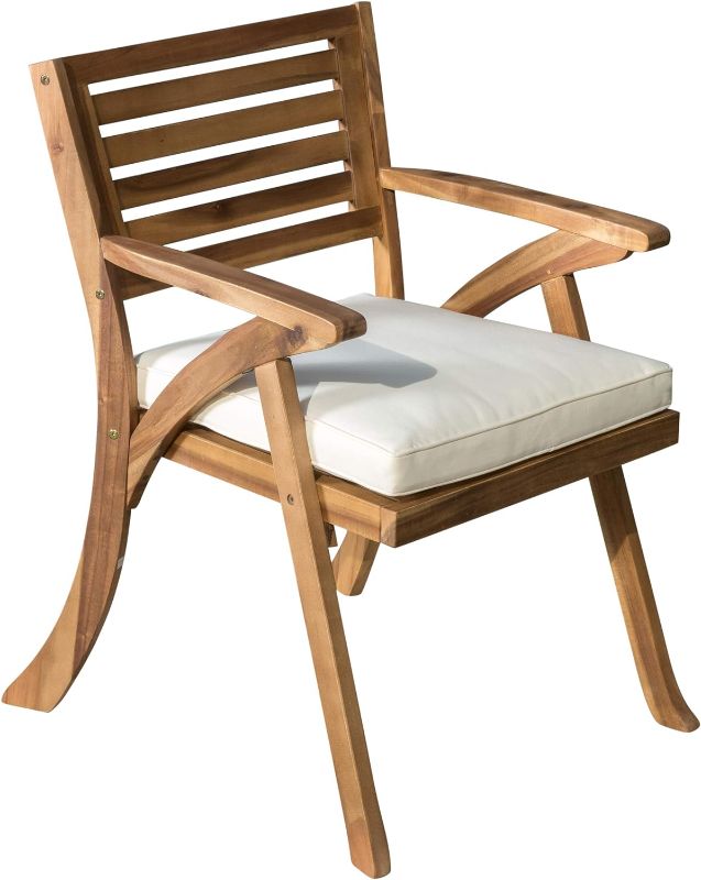 Photo 1 of  Hermosa Outdoor Acacia Wood Arm Chairs, 1-Pcs Set, Teak Finish / Cream