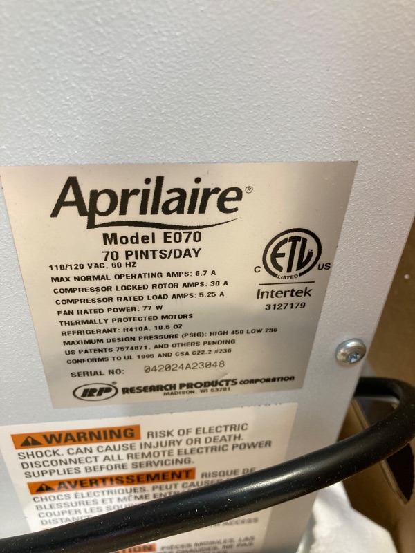 Photo 2 of AprilAire E070 Pro 70-Pint Crawl Space Dehumidifier with Drain Hose, Commercial-Grade Whole-House Dehumidifier for Crawlspace, Basement, or Whole Home up to 2,200 sq. ft.