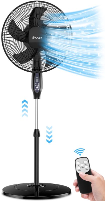 Photo 1 of **Remote Control Missing** 16" Pedestal Fan with Remote, iFanze 3-Speed Height Adjustment Standing Fan 8H Timer Oscillating Cooling Fan for Bedroom Home Office(Black)
