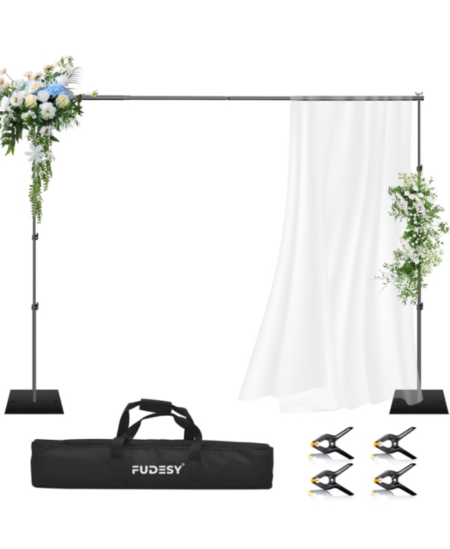 Photo 1 of FUDESY Heavy Duty Backdrop Stand, 8.5x10ft Adjustable Photo Background Stand Support System Kit with Steel Base, Pipe and Drape Photography Backdrop Stand Kit for Parties Wedding Birthday