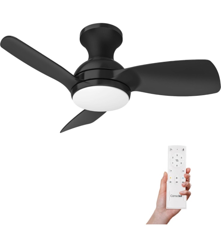 Photo 1 of Consciot Ceiling Fan, Ceiling Fan With Lights Remote Control, Black Low Profile Modern Ceiling Fan 30 Inch, Flush Mount, Reversible Quiet DC Motor, 6 Speed, Dimmable, Kitchen Bedroom Patio Damp Rated