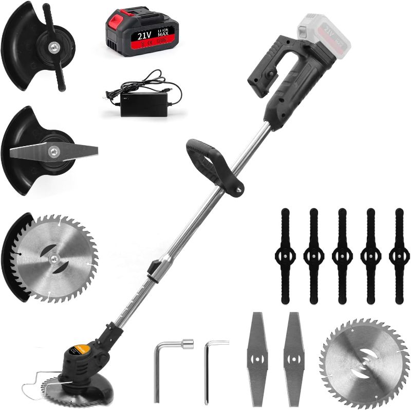 Photo 1 of *** STOCK PHOTO IS ONLY FOR REFERENCE. Cordless Weed Eater Trimmer - 21V 3.0Ah Battery Powered Lawn Edger and Weed Wacker - Lawn Mower Grass Trimmer Brush Cutter with 3 Cutting Blade Types. (not sure if all parts are included, untested)