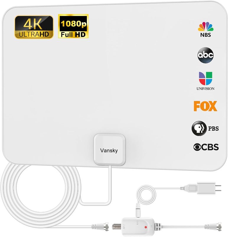 Photo 1 of (WHITE) TV Antenna Indoor, Digital Amplified Indoor HDTV Antenna, 1080p VHF UHF Television Local Channels Detachable Signal Amplifier and 16.5ft Long Coax Cable