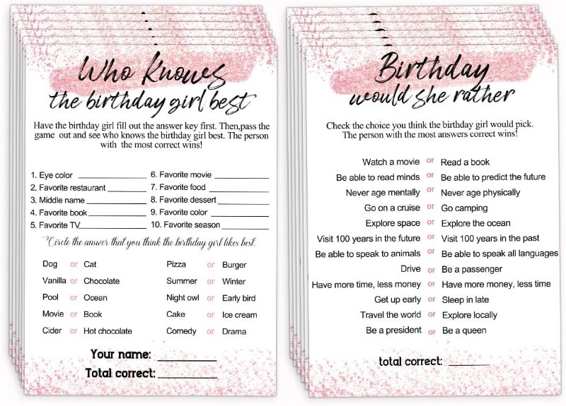 Photo 1 of  Birthday Party Game Cards for Girl, Birthday Would She Rather, 30PCS Birthday Game Cards Card Set, Birthday Party Games Creative Idea (pink)