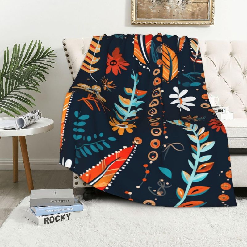 Photo 1 of Firmiso Thin Flowers Feathers and Leaves Floral Boho Throw Blanket, Folk-Inspired Illustrations Nature Retro Print Throw Blanket 60"X80"