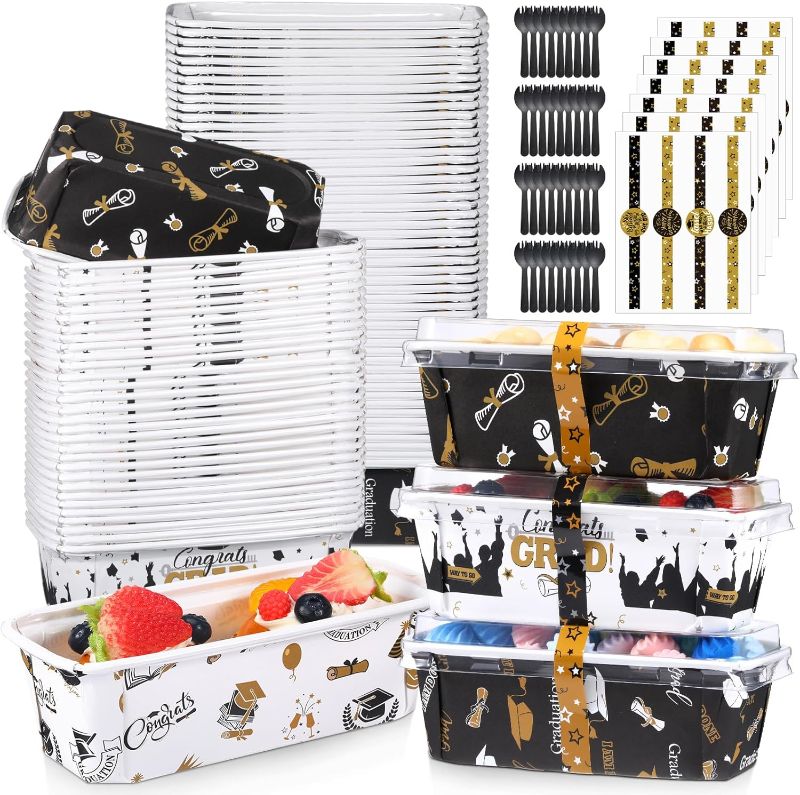 Photo 1 of 60Pcs Graduation Paper Baking Pans with Lid Class of 2024 Graduation Cupcake Liners 6.3 x 2.17 x 2.17 Inch Congrats Grad Loaf Pan with Stickers Spoons for Baking Bread Cake(Black Gold)