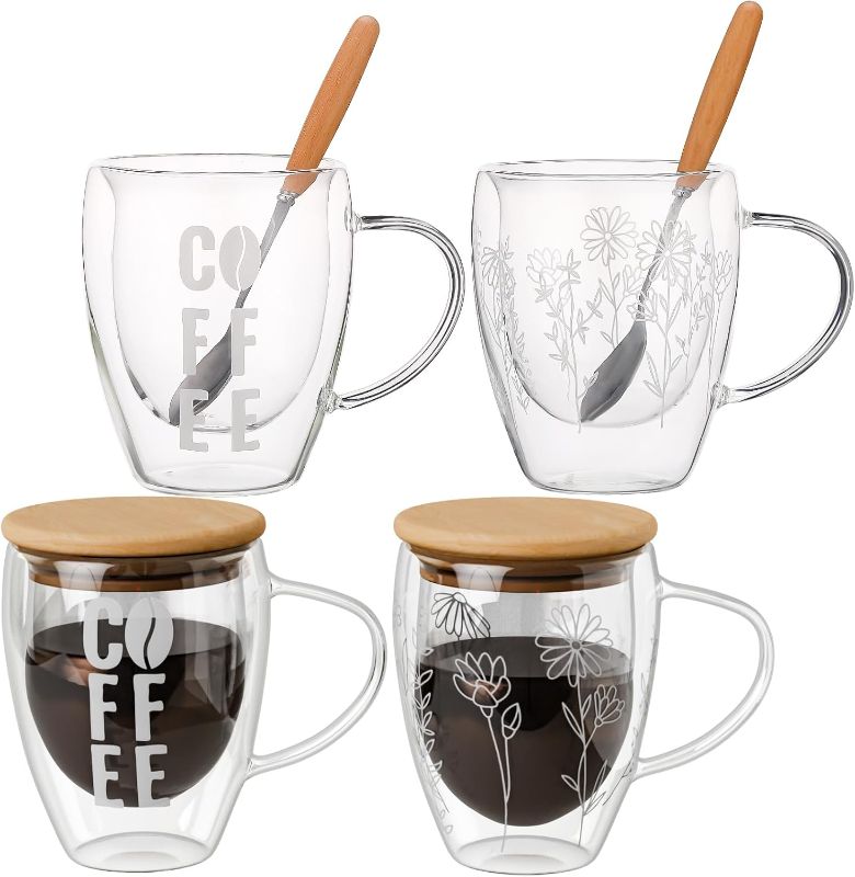 Photo 1 of 12 oz Double Wall Glass Coffee Mugs Set of 4 Insulated Coffee Mug with Bamboo Lid Spoon Clear Coffee Mugs Floral Glass Coffee Cups with Handle for Latte Cappuccino Espresso Gift Hot Tea