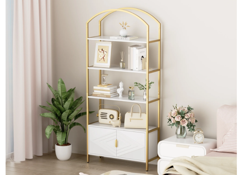 Photo 1 of **NEW, FACTORY SEALED.

MARNUR 71" Tall Bookshelf, 4-Tier Bookcase with Storage Cabinet, Elegant Arched Metal Bookcase for Living Room Bedroom Home Office
