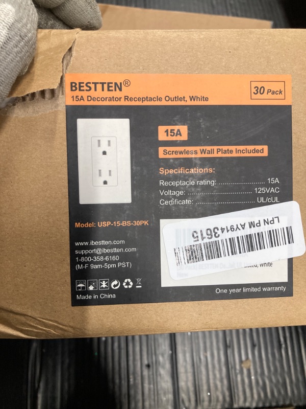 Photo 2 of BESTTEN 30 Pack 15 Amp Decorator Receptacle Outlet, Standard Electrical Wall Outlet, Decor Screwless Wallplate Included, 15A/125V/1875W, Residential and Commercial Use, UL Listed, White